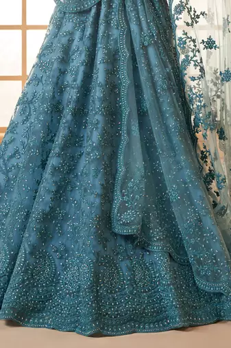 teal blue embroidered net lehenga set choli with dupatta