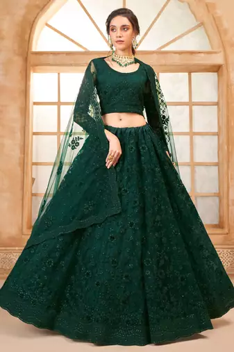 green embroidered net mehendi lehenga set choli with dupatta