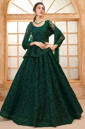 green embroidered net mehendi lehenga set choli with dupatta