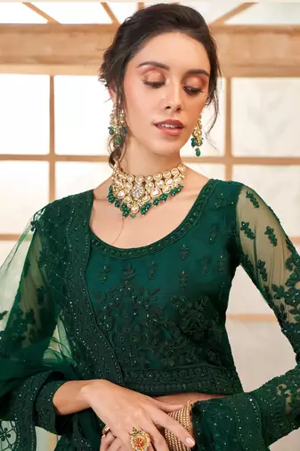 green embroidered net mehendi lehenga set choli with dupatta