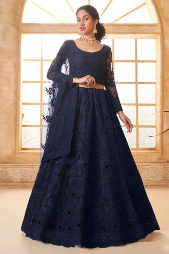 Navy Blue Embroidered Net Lehenga Choli With Dupatta