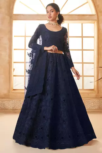 navy blue embroidered net lehenga set choli with dupatta with dupatta
