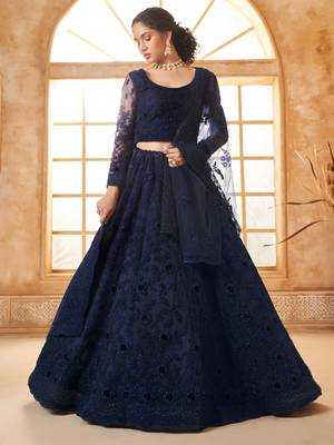 navy blue embroidered net lehenga set choli with dupatta with dupatta 3