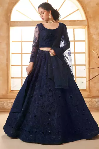 navy blue embroidered net lehenga set choli with dupatta with dupatta