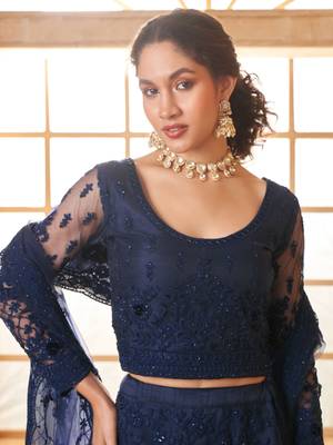 navy blue embroidered net lehenga set choli with dupatta with dupatta 4