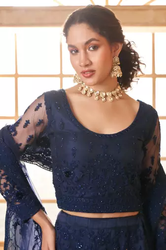 navy blue embroidered net lehenga set choli with dupatta with dupatta