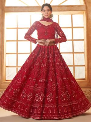 red embroidered net lehenga set choli with dupatta with dupatta 2