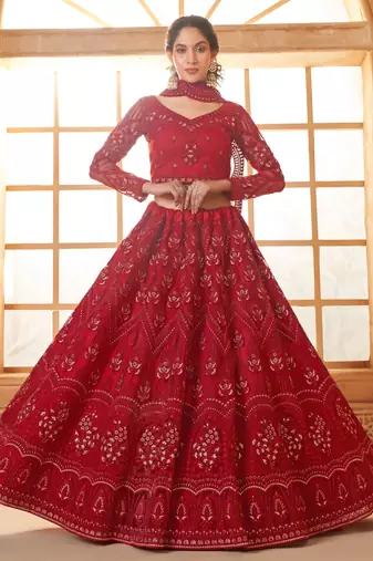red embroidered net lehenga set choli with dupatta with dupatta