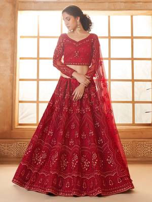 red embroidered net lehenga set choli with dupatta with dupatta 3