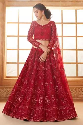red embroidered net lehenga set choli with dupatta with dupatta