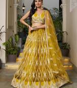 Mustard Yellow Embroidered Net Haldi Wear Lehenga Choli