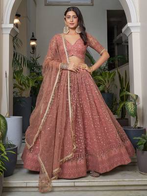 rose gold embroidered net lehenga set choli with dupatta 1