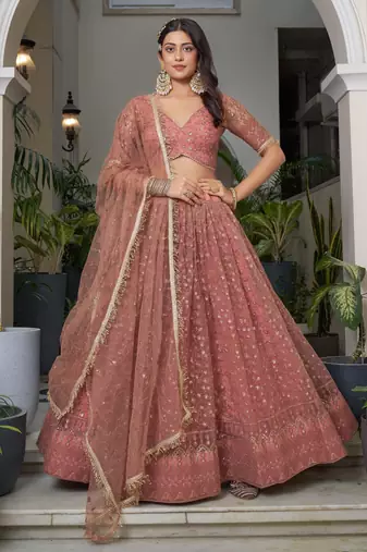 rose gold embroidered net lehenga set choli with dupatta