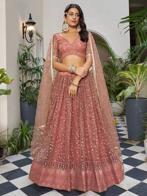 rose gold embroidered net lehenga set choli with dupatta 4