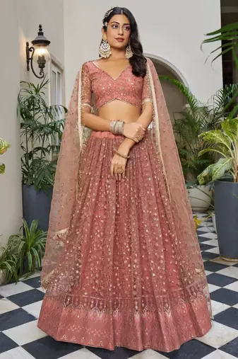 rose gold embroidered net lehenga set choli with dupatta