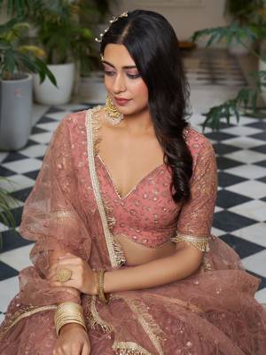 rose gold embroidered net lehenga set choli with dupatta 5