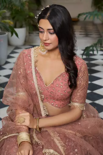 rose gold embroidered net lehenga set choli with dupatta