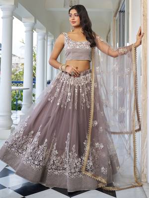brown embroidered net lehenga set choli with dupatta 1
