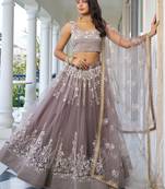 Brown Embroidered Net Engagement Wear Lehenga Choli