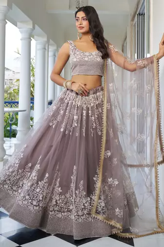 brown embroidered net lehenga set choli with dupatta