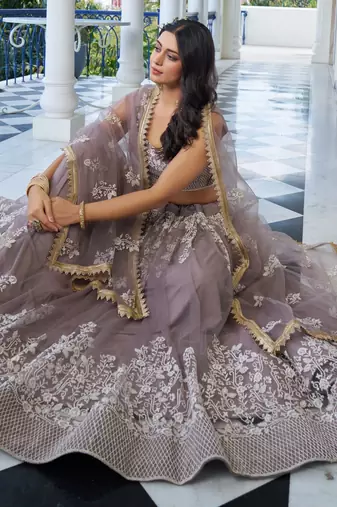 brown embroidered net lehenga set choli with dupatta