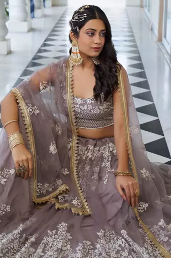 brown embroidered net lehenga set choli with dupatta