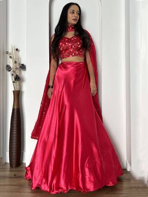 pink satin cocktail party lehenga set choli with dupatta with dupatta 3