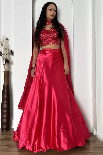 pink satin cocktail party lehenga set choli with dupatta with dupatta