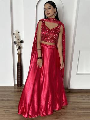 pink satin cocktail party lehenga set choli with dupatta with dupatta 5