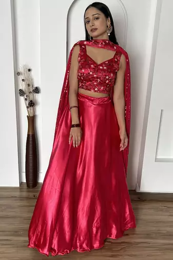 pink satin cocktail party lehenga set choli with dupatta with dupatta