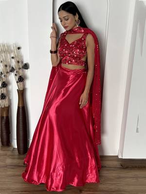 pink satin cocktail party lehenga set choli with dupatta with dupatta 1