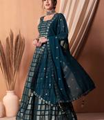 teal blue sequins georgette party lehenga set choli with dupatta