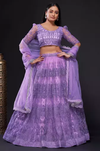 Lavender Embroidered Net Lehenga Choli.
