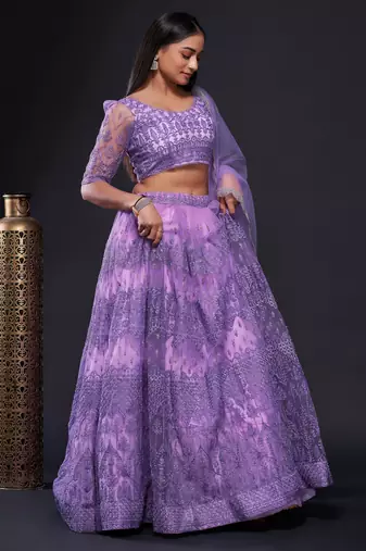 Lavender Embroidered Net Lehenga Choli.