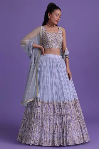 blue floral printed georgette festival lehenga set choli with dupatta
