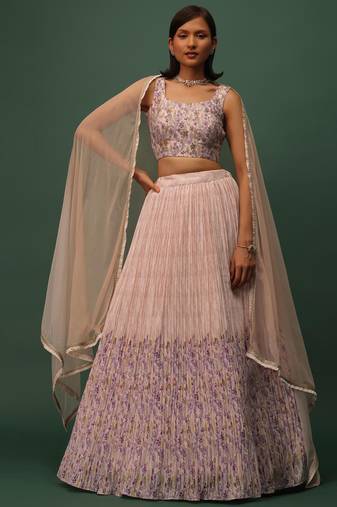 Peach Floral Printed Georgette Lehenga Choli With Dupatta