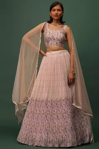 peach floral printed georgette lehenga set choli with dupatta with dupatta