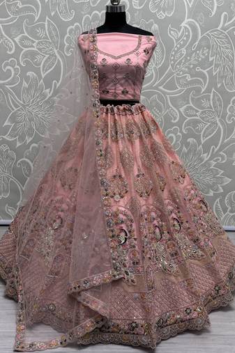 Peach Thread Work Net Lehenga Choli With Dupatta