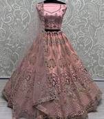 Peach Thread Work Net Lehenga Choli With Dupatta