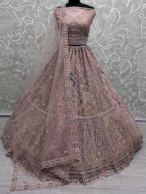 peach sequins net lehenga set choli with dupatta 1