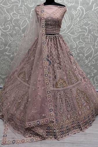 Peach Sequins Net Engagement Wear Lehenga Choli