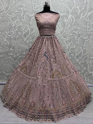 peach sequins net lehenga set choli with dupatta 3