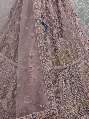 peach sequins net lehenga set choli with dupatta 4