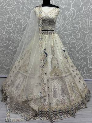 off white sequins net wedding lehenga set choli with dupatta with dupatta 2