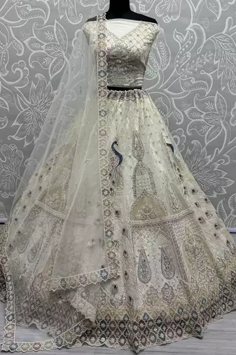 off white sequins net wedding lehenga set choli with dupatta with dupatta