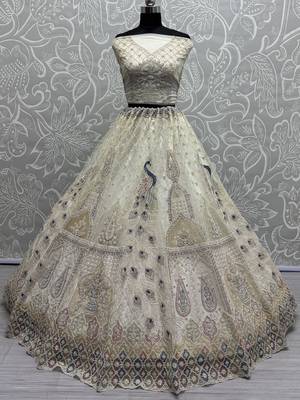 off white sequins net wedding lehenga set choli with dupatta with dupatta 3