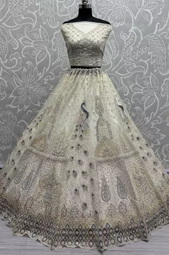 off white sequins net wedding lehenga set choli with dupatta with dupatta