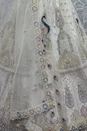 off white sequins net wedding lehenga set choli with dupatta with dupatta