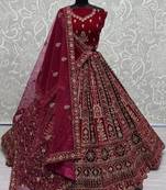 Red Jarkan Work Velvet Bridal Lehenga Choli With Double Dupatta