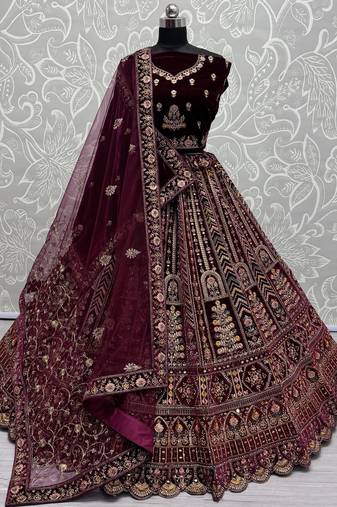 Maroon Velvet Bridal Lehenga Choli With Double Dupatta